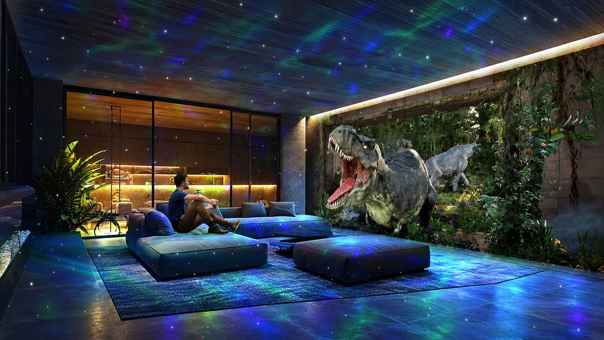 Styled living room with a seated viewer and an illustrated dinosaur scene on the wall.