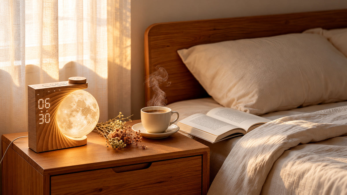 Wood-grain moon alarm clock beside a book and cup on a small wooden nightstand.