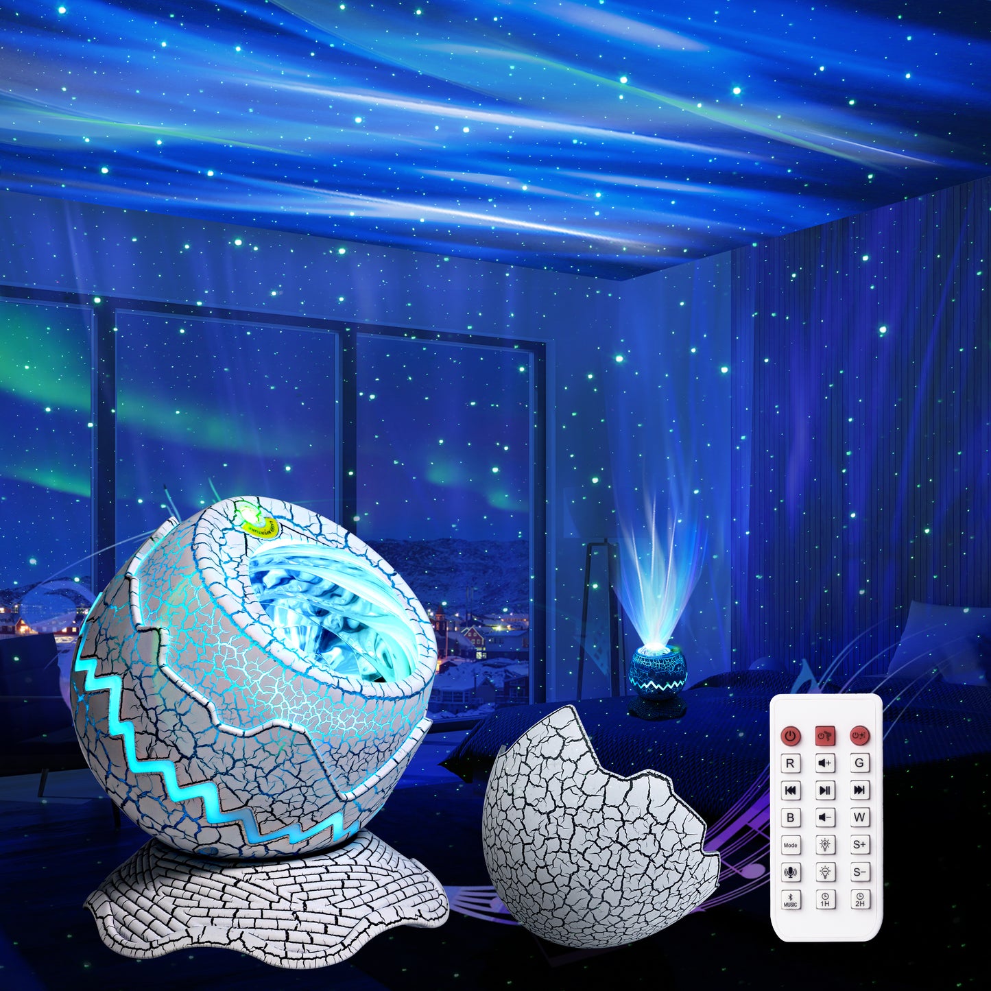 Northern Lights Aurora Projector,AIRIVO Dinosaur Egg Star Projector for Bedroom, Galaxy Projector with Bluetooth Speaker & White Noise & Timing, Night Light for Kids Adults
