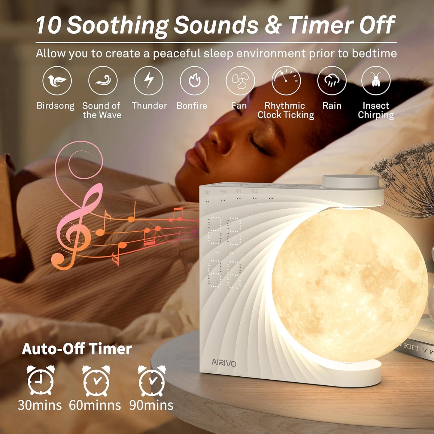 AIRIVO Sunrise Alarm Clock for Bedrooms, Moon Night Light Clock Wake Up Light for Kids Teens,White Noise Sound Machine,15 Sounds Dual Alarms for Heavy Sleepers, Cute Alarm Clock for Preppy Room Decor