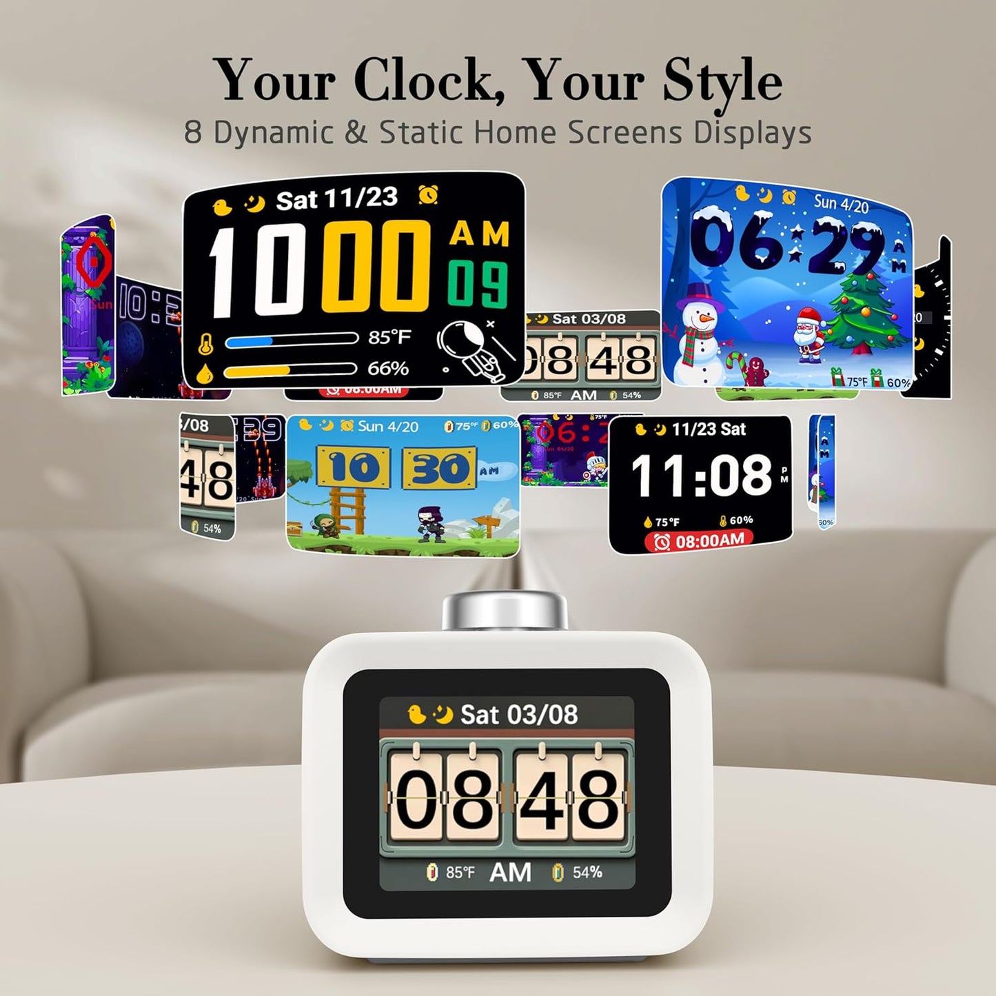 AIRIVO Alarm Clock, Colorful LCD Display with 8 Visual Themes, 4 Digital Alarms with 30 White Noise for Bedrooms, 112dB Loud Alarm Clock with Hourly Chime for Heavy Sleepers, Gift for Kids Teens