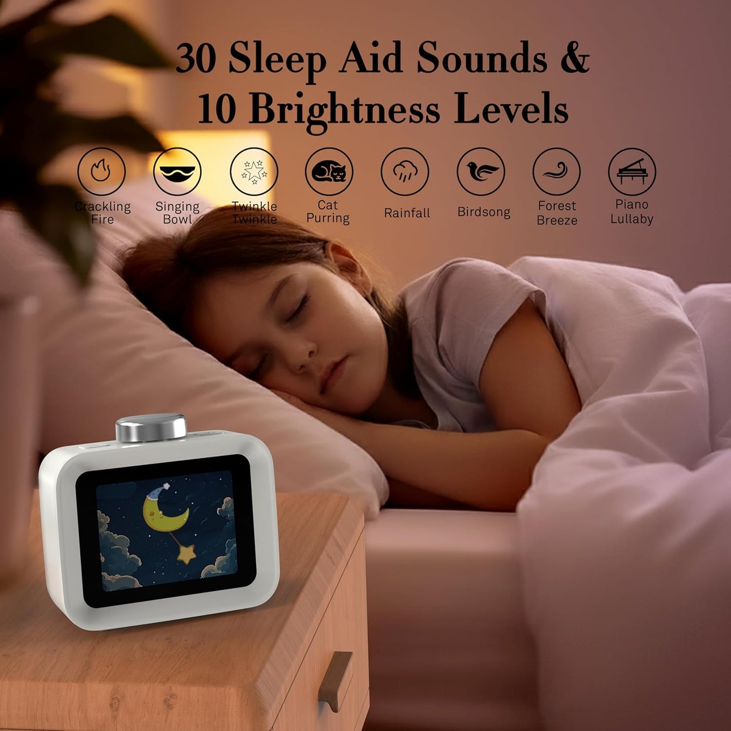 AIRIVO Alarm Clock, Colorful LCD Display with 8 Visual Themes, 4 Digital Alarms with 30 White Noise for Bedrooms, 112dB Loud Alarm Clock with Hourly Chime for Heavy Sleepers, Gift for Kids Teens