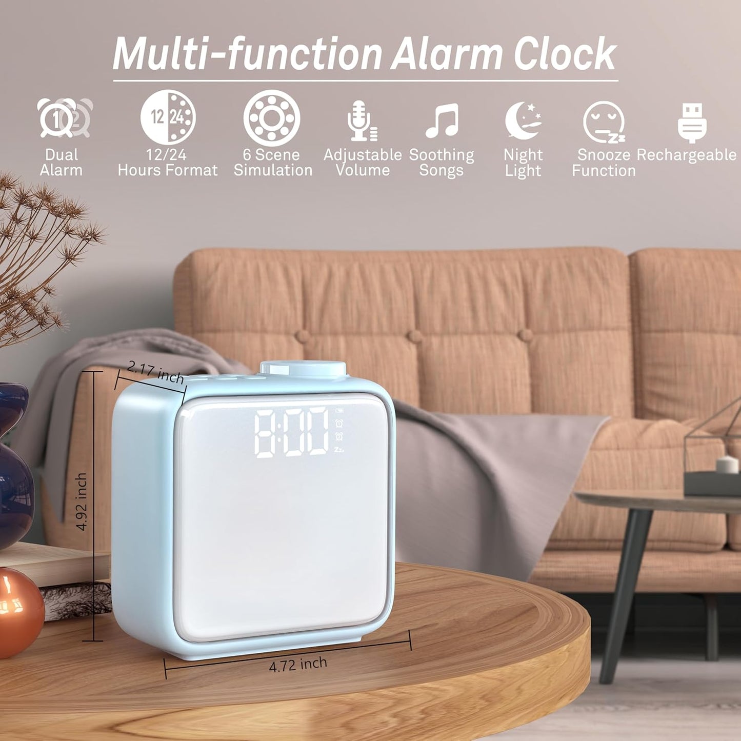 AIRIVO Light Blue Alarm Clock Night Lights, Rechargeable Alarm Clock for Bedrooms, 6 Scenes & White Noise Sync, Dual Alarms & Snooze, Gifts for Kids Teens