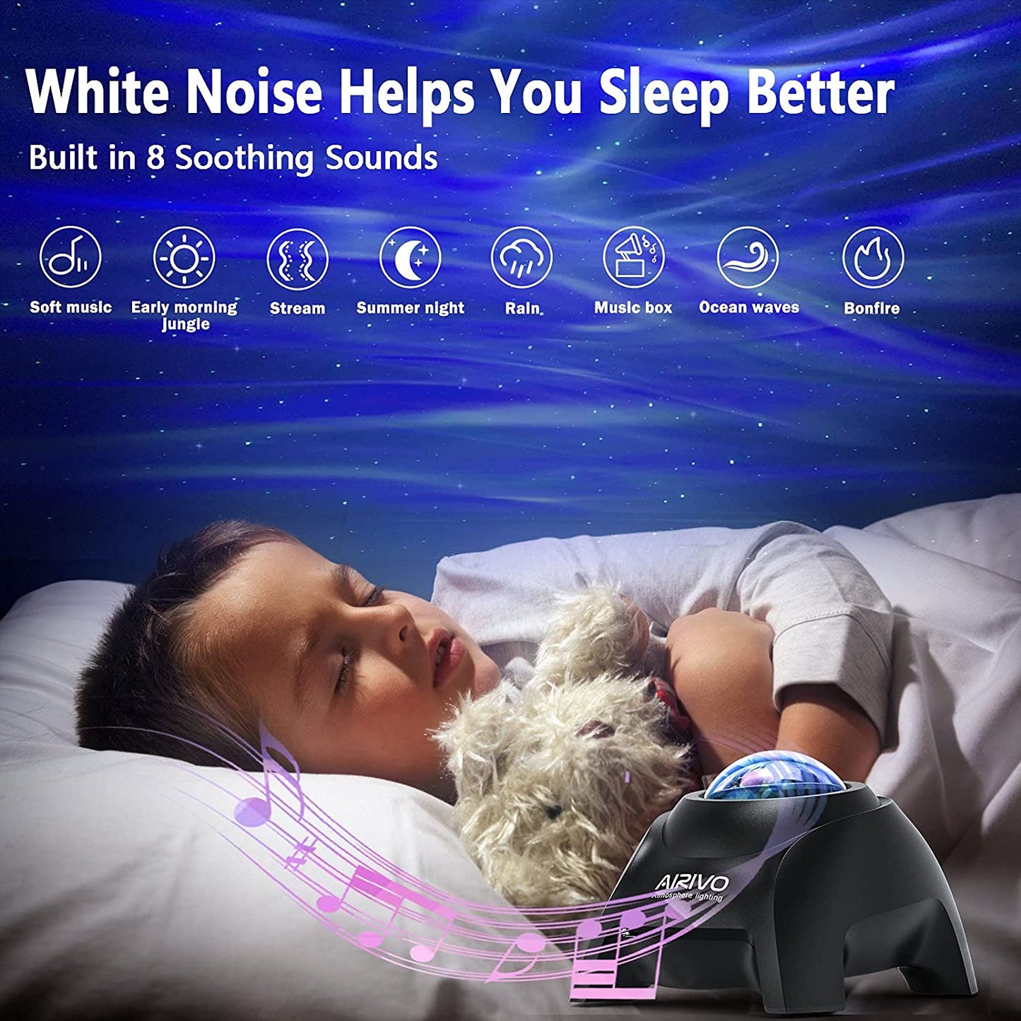 Northern Lights Aurora Projector, AIRIVO Star Projector Music Speaker, White Noise Night Light Galaxy Projector for Kids Adults , for Home Decor Bedroom/ Ceiling/Party (Black)