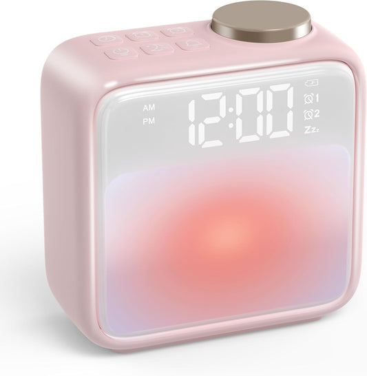 AIRIVO Pink Alarm Clock Night Lights, Rechargeable Alarms Clock for Bedrooms, 6 Scenes & White Noise Sync, Dual Alarms & Snooze, Gifts for Kids Teens