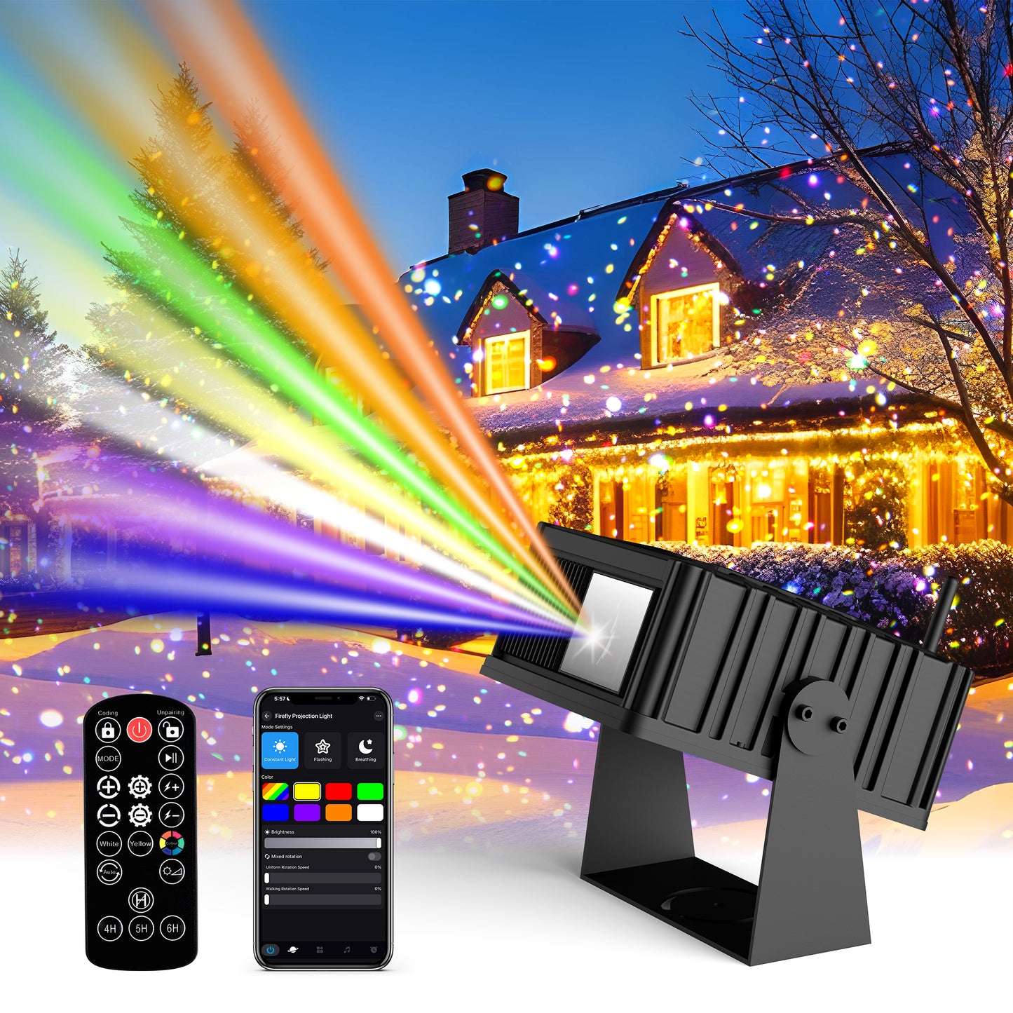 AIRIVO Outdoor Star Laser Projector, App & Remote Control 7 Colors Motion Smart Firefly Lights Christmas Snowflake Projector, 8 Lighting Effects Fairy Light Projector for Holiday Decor Garden Light