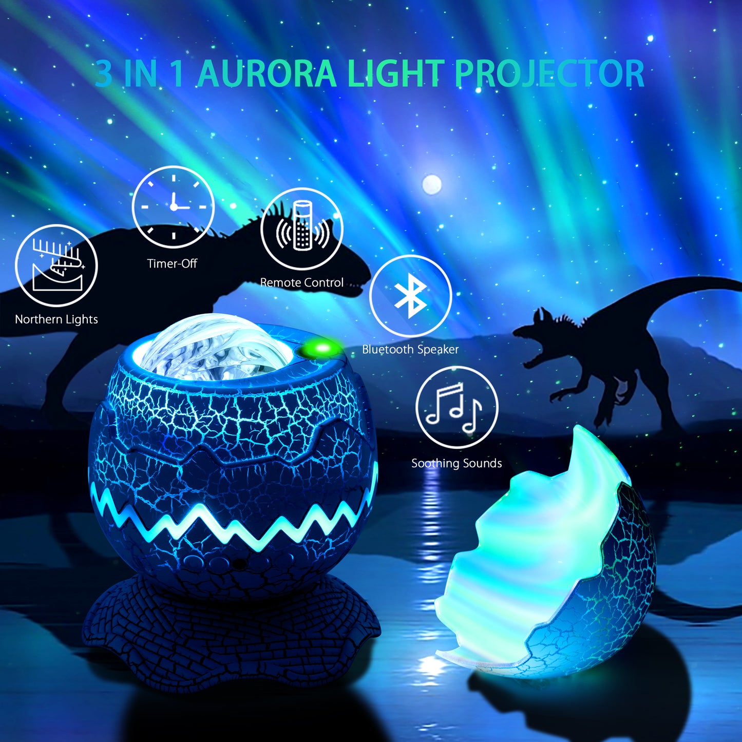 AIRIVO Northern Lights Aurora Projector Dinosaur Egg Star Projector for Bedroom, Galaxy Projector with Bluetooth Speaker & White Noise & Timing, Night Light for Kids Adults