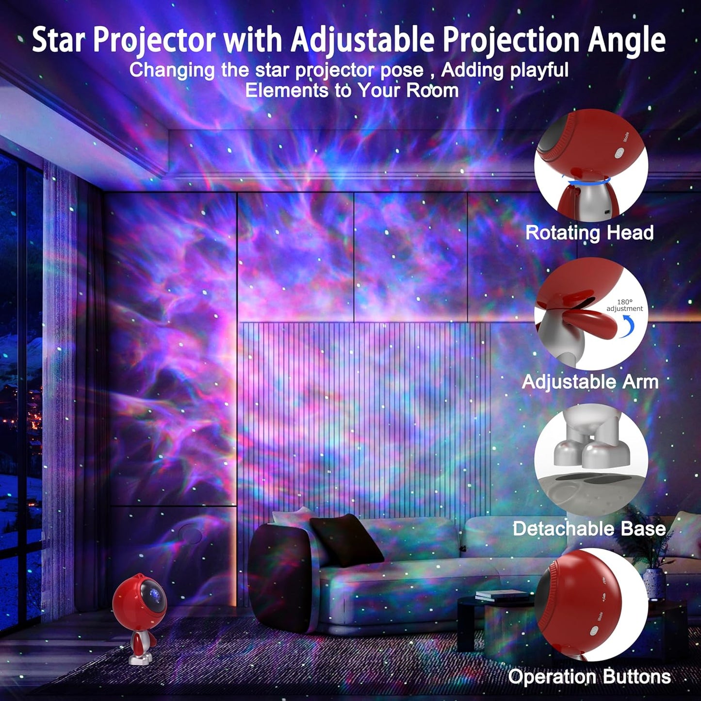 Star Projector Night Light, AIRIVO Galaxy Light Space Projector Nebula Starry Ceiling Projection Lamp for Bedroom, Room Decor, Music Speaker & Remote Control (Red&Silver)