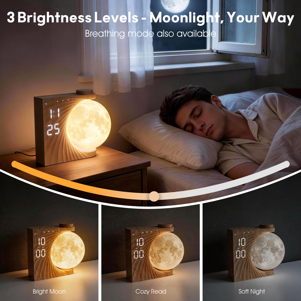 AIRIVO moon night light showing three warm-white brightness levels and breathing mode