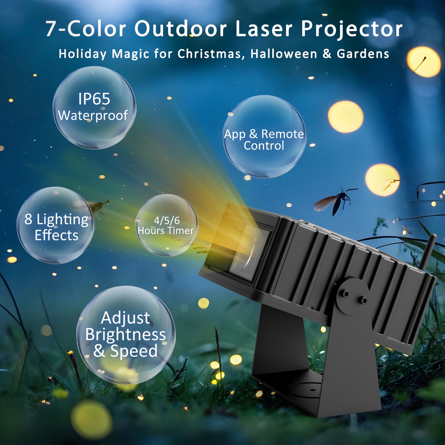 AIRIVO Outdoor Star Laser Projector, App & Remote Control 7 Colors Motion Smart Firefly Lights Christmas Snowflake Projector, 8 Lighting Effects Fairy Light Projector for Holiday Decor Garden Light