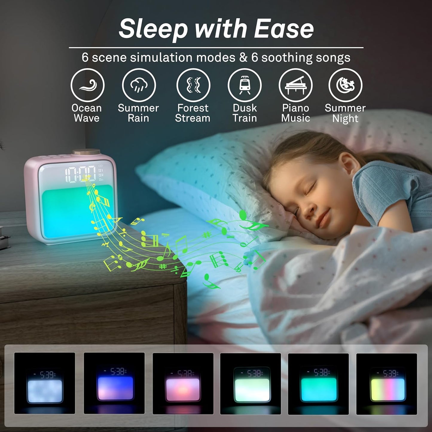 AIRIVO Pink Alarm Clock Night Lights, Rechargeable Alarms Clock for Bedrooms, 6 Scenes & White Noise Sync, Dual Alarms & Snooze, Gifts for Kids Teens