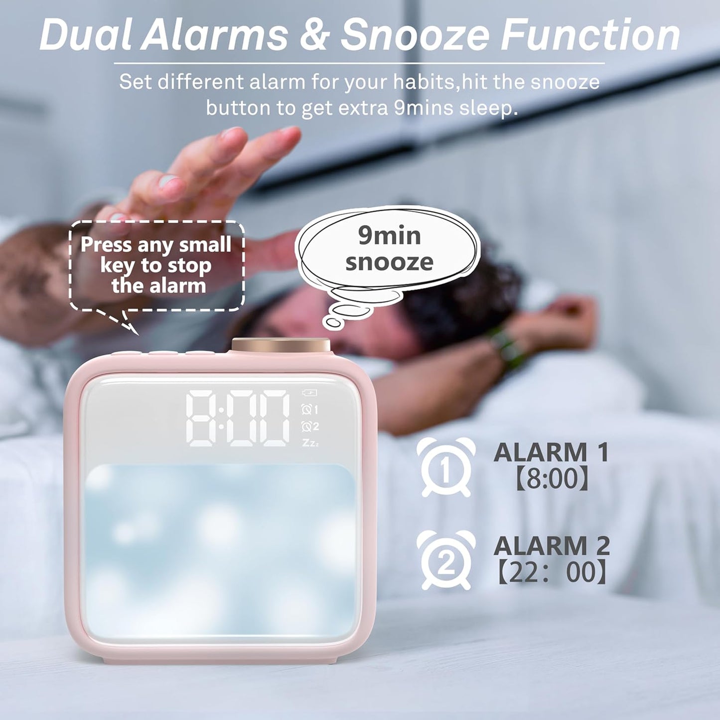 AIRIVO Pink Alarm Clock Night Lights, Rechargeable Alarms Clock for Bedrooms, 6 Scenes & White Noise Sync, Dual Alarms & Snooze, Gifts for Kids Teens