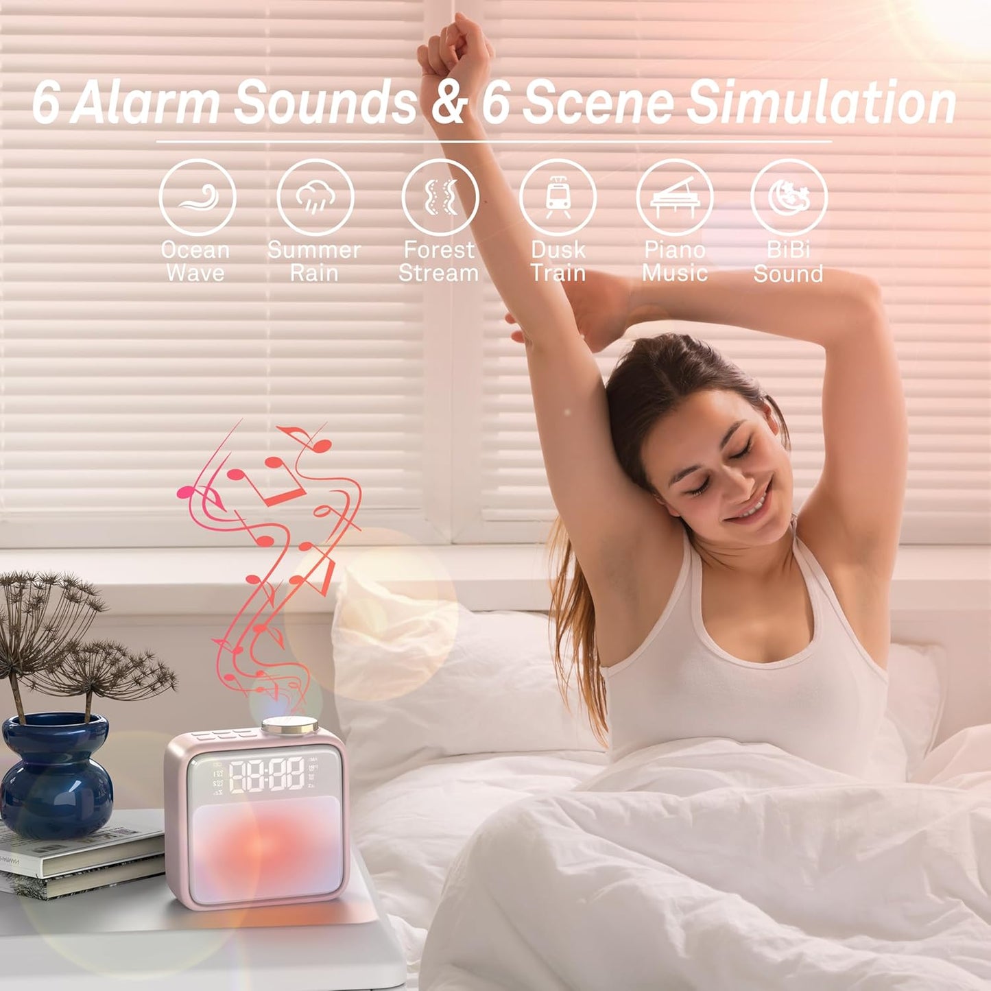 AIRIVO Pink Alarm Clock Night Lights, Rechargeable Alarms Clock for Bedrooms, 6 Scenes & White Noise Sync, Dual Alarms & Snooze, Gifts for Kids Teens