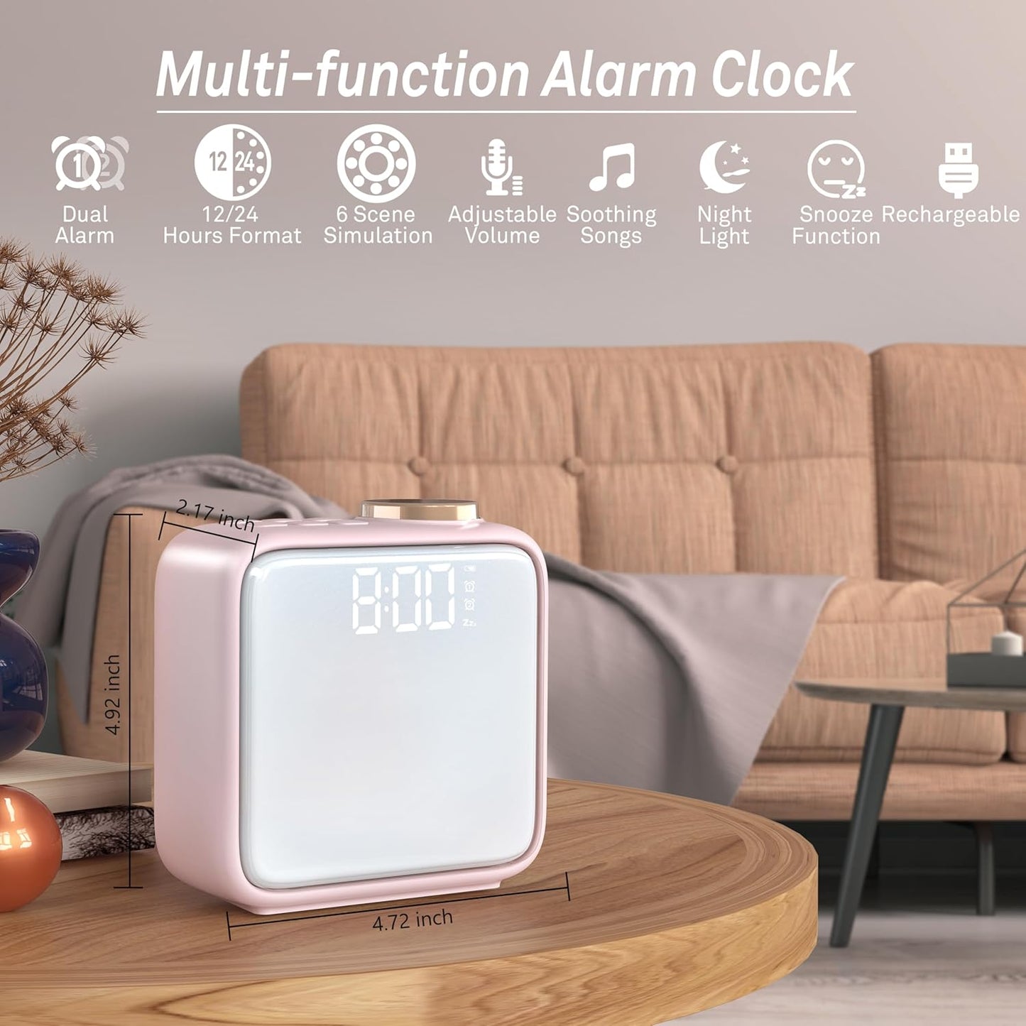 AIRIVO Pink Alarm Clock Night Lights, Rechargeable Alarms Clock for Bedrooms, 6 Scenes & White Noise Sync, Dual Alarms & Snooze, Gifts for Kids Teens