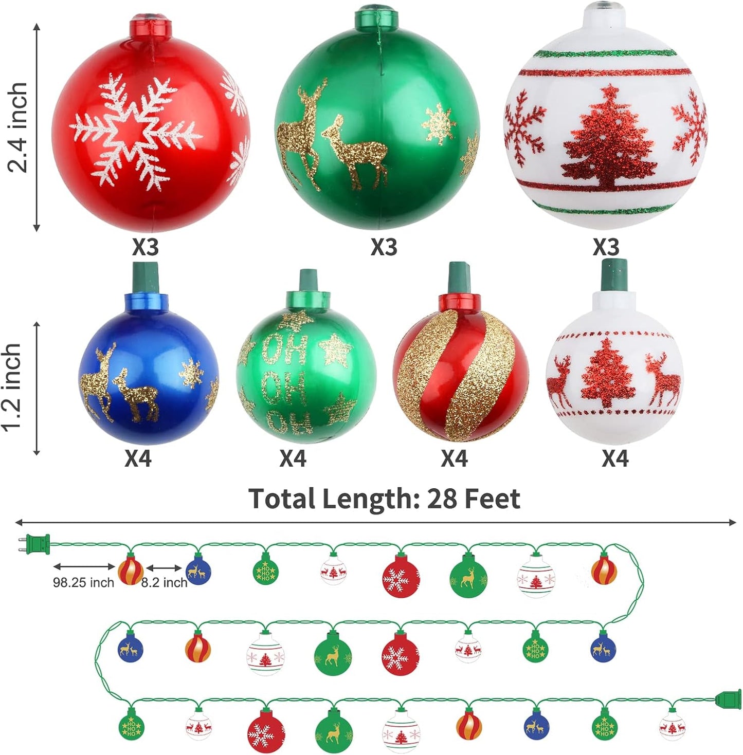 AIRIVO Christmas Tree Ball Ornaments, 28ft 25 Bulb Outdoor Christmas String Lights, Indoor Christmas Lights Plug in End to End Expandable, Ornaments for Christmas Tree Decorations