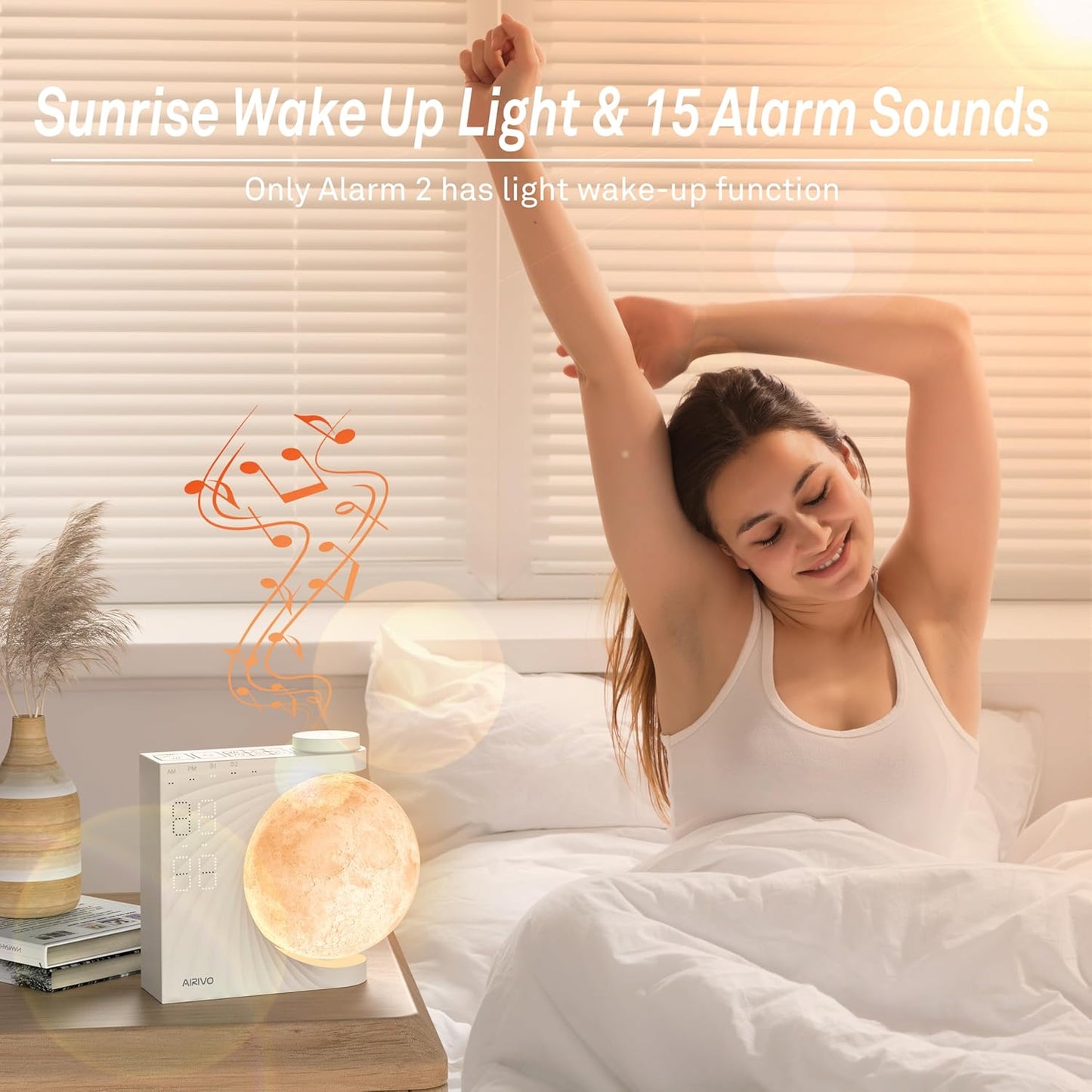 AIRIVO Sunrise Alarm Clock for Bedrooms, Moon Night Light Clock Wake Up Light for Kids Teens,White Noise Sound Machine,15 Sounds Dual Alarms for Heavy Sleepers, Cute Alarm Clock for Preppy Room Decor