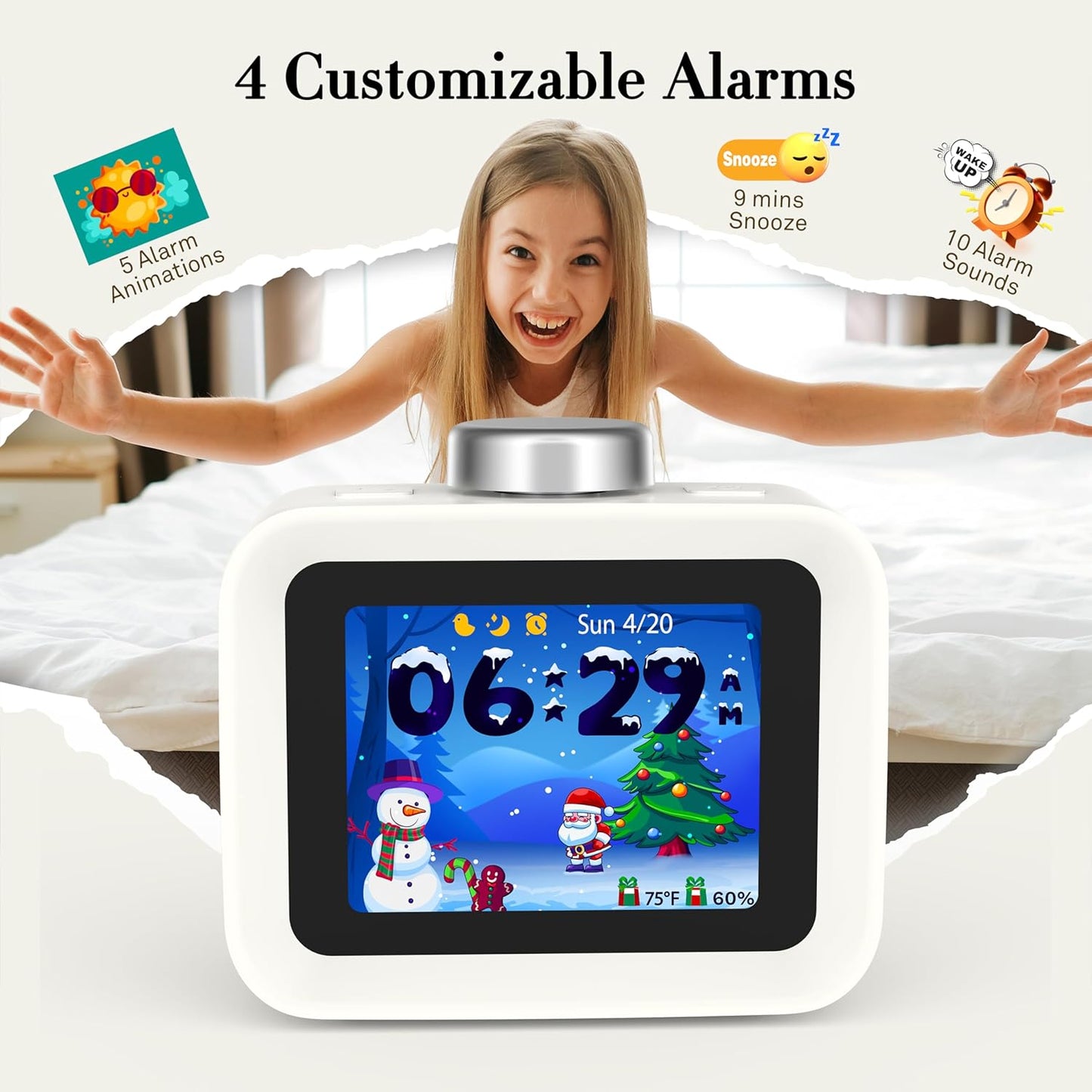 AIRIVO Alarm Clock, Colorful LCD Display with 8 Visual Themes, 4 Digital Alarms with 30 White Noise for Bedrooms, 112dB Loud Alarm Clock with Hourly Chime for Heavy Sleepers, Gift for Kids Teens