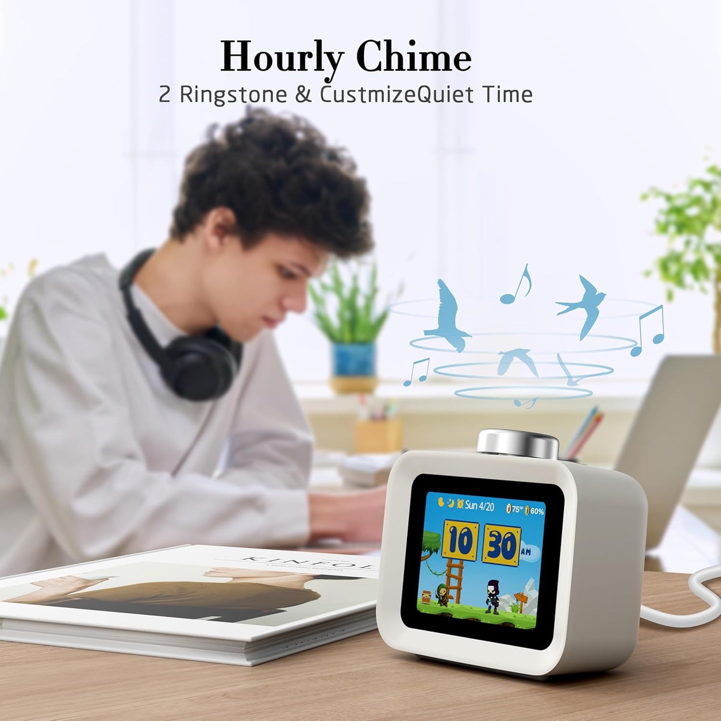 AIRIVO Alarm Clock, Colorful LCD Display with 8 Visual Themes, 4 Digital Alarms with 30 White Noise for Bedrooms, 112dB Loud Alarm Clock with Hourly Chime for Heavy Sleepers, Gift for Kids Teens