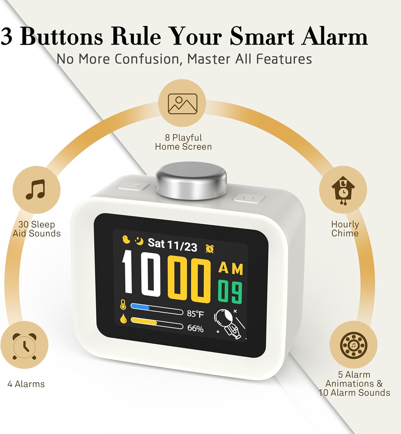 AIRIVO Alarm Clock, Colorful LCD Display with 8 Visual Themes, 4 Digital Alarms with 30 White Noise for Bedrooms, 112dB Loud Alarm Clock with Hourly Chime for Heavy Sleepers, Gift for Kids Teens