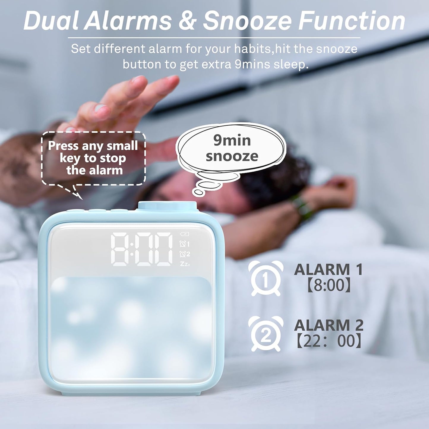 AIRIVO Light Blue Alarm Clock Night Lights, Rechargeable Alarm Clock for Bedrooms, 6 Scenes & White Noise Sync, Dual Alarms & Snooze, Gifts for Kids Teens