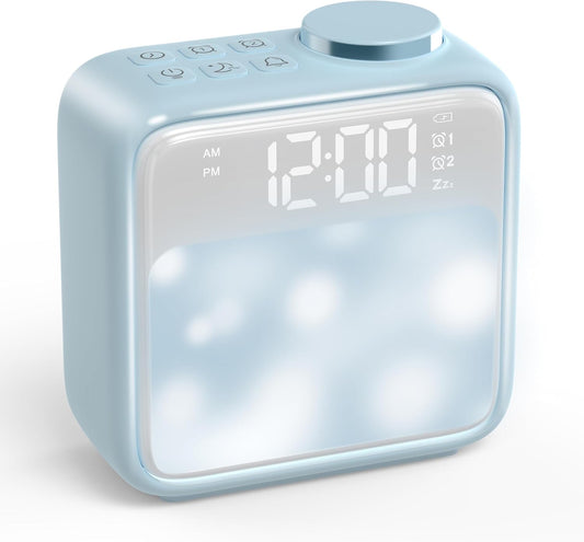 AIRIVO Light Blue Alarm Clock Night Lights, Rechargeable Alarm Clock for Bedrooms, 6 Scenes & White Noise Sync, Dual Alarms & Snooze, Gifts for Kids Teens