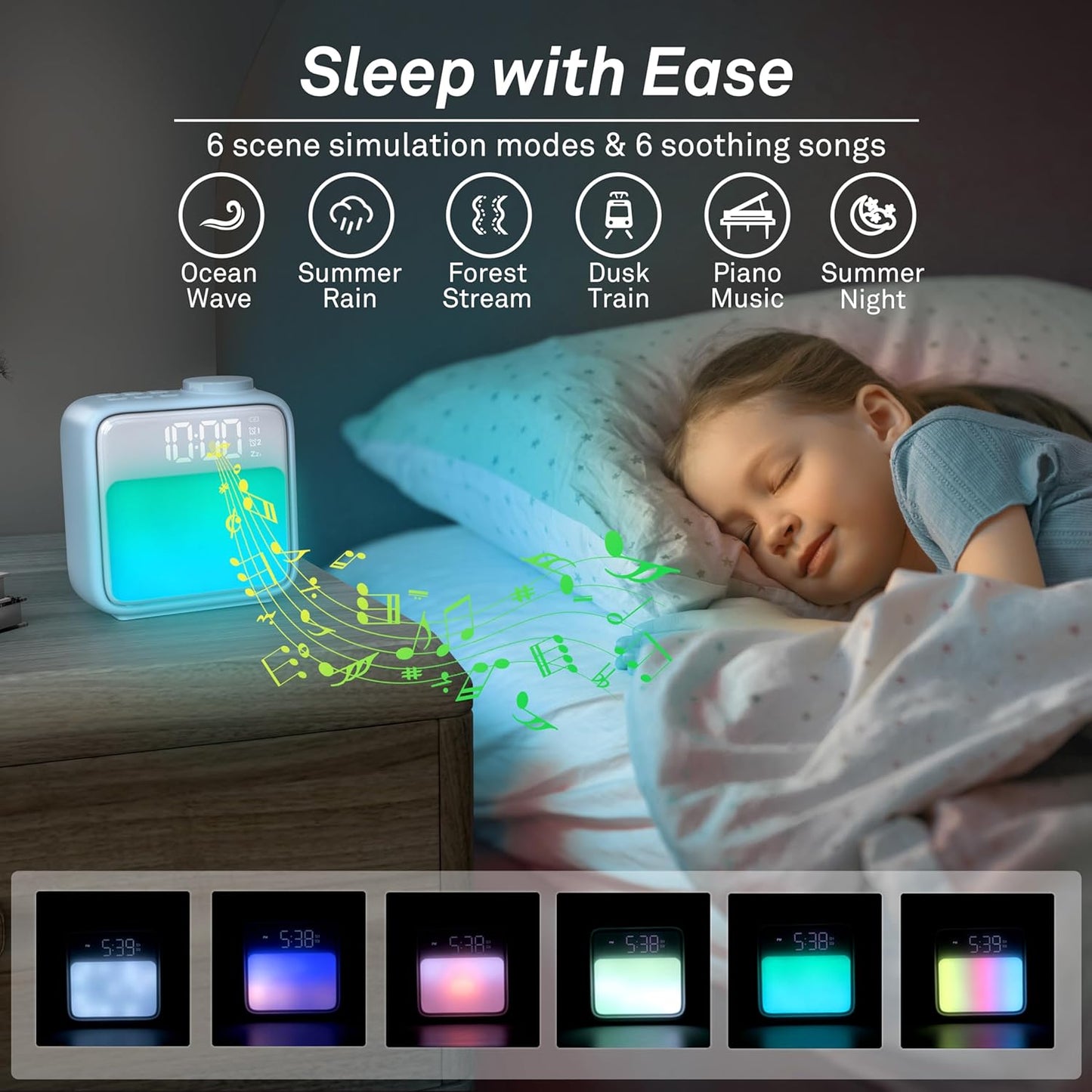 AIRIVO Light Blue Alarm Clock Night Lights, Rechargeable Alarm Clock for Bedrooms, 6 Scenes & White Noise Sync, Dual Alarms & Snooze, Gifts for Kids Teens