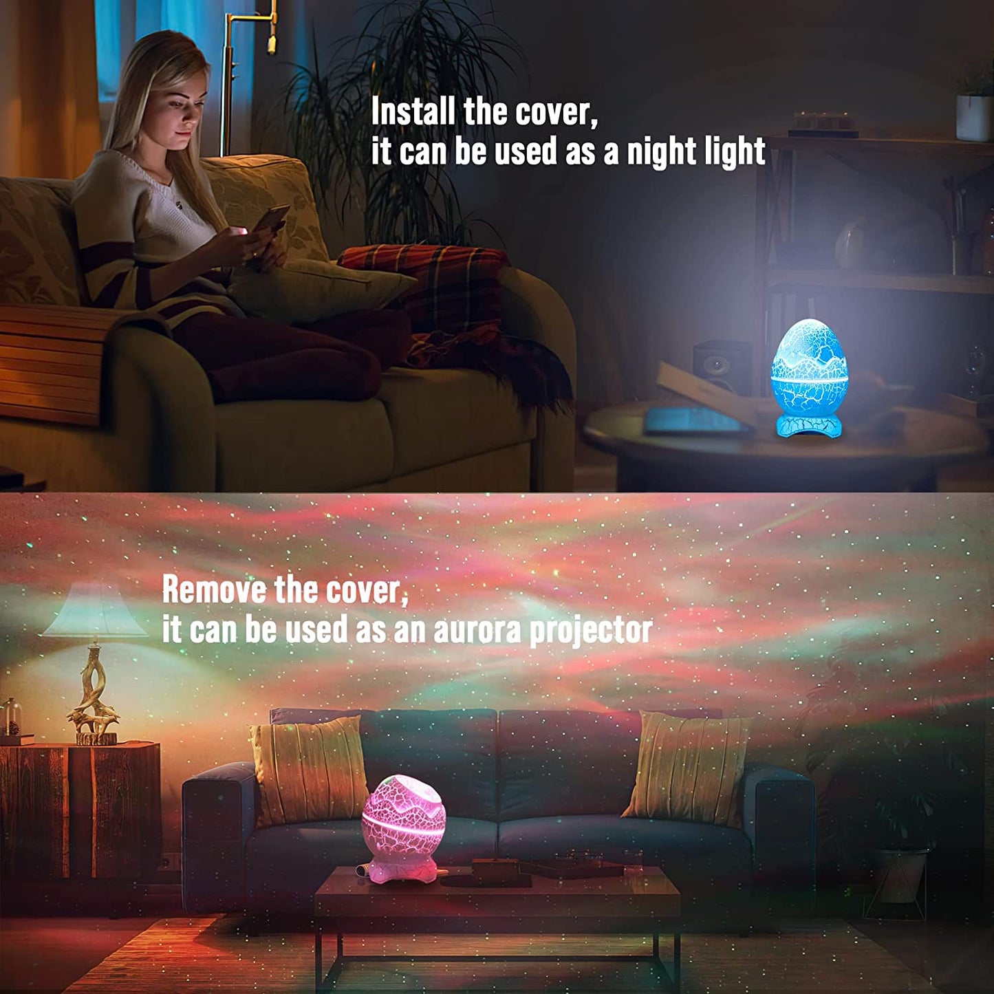 Northern Lights Aurora Projector- AIRIVO Dinosaur Egg Star Projector for Bedroom, Galaxy Projector with Bluetooth Speaker & White Noise & Timing, Night Light for Kids Adults (White 01)